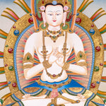 Five Dhyani Buddha Thangka Set featuring Vairocana, Akshobhya, Ratnasambhava, Amitabha and Amoghasiddhi seated on lotus thrones with radiant halos, jewel crowns, sacred ornaments and traditional Newari Buddhist details.
