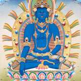 Five Dhyani Buddha Thangka Set featuring Vairocana, Akshobhya, Ratnasambhava, Amitabha and Amoghasiddhi seated on lotus thrones with radiant halos, jewel crowns, sacred ornaments and traditional Newari Buddhist details.