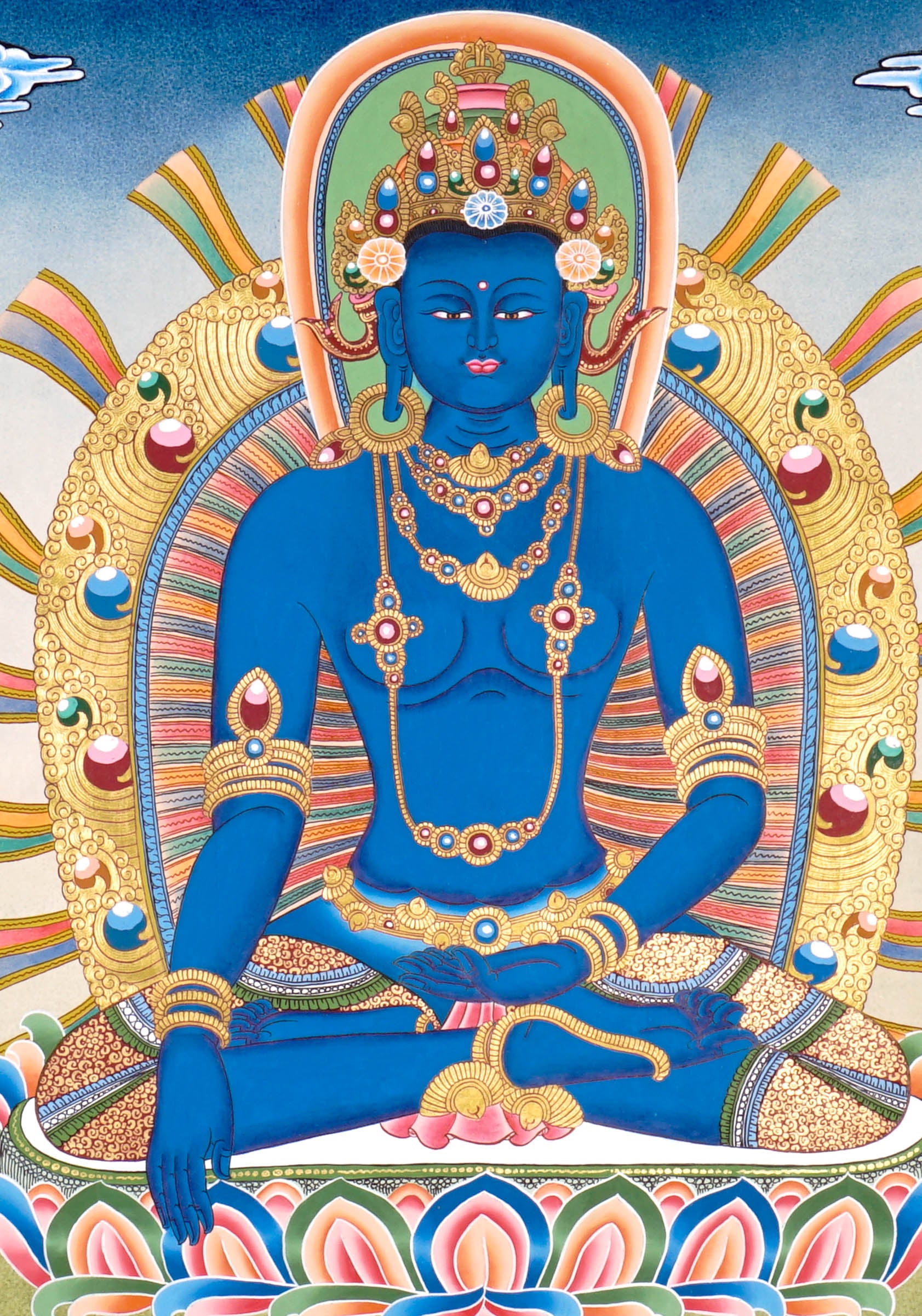 Five Dhyani Buddha Thangka Set featuring Vairocana, Akshobhya, Ratnasambhava, Amitabha and Amoghasiddhi seated on lotus thrones with radiant halos, jewel crowns, sacred ornaments and traditional Newari Buddhist details.