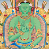 Five Dhyani Buddha Thangka Set featuring Vairocana, Akshobhya, Ratnasambhava, Amitabha and Amoghasiddhi seated on lotus thrones with radiant halos, jewel crowns, sacred ornaments and traditional Newari Buddhist details.