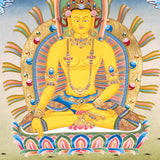 Five Dhyani Buddha Thangka Set featuring Vairocana, Akshobhya, Ratnasambhava, Amitabha and Amoghasiddhi seated on lotus thrones with radiant halos, jewel crowns, sacred ornaments and traditional Newari Buddhist details.