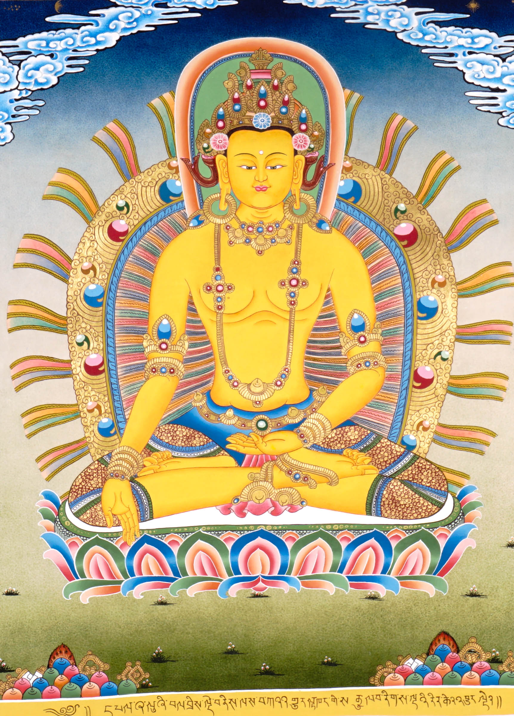 Five Dhyani Buddha Thangka Set featuring Vairocana, Akshobhya, Ratnasambhava, Amitabha and Amoghasiddhi seated on lotus thrones with radiant halos, jewel crowns, sacred ornaments and traditional Newari Buddhist details.