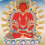 Five Dhyani Buddha Thangka Set featuring Vairocana, Akshobhya, Ratnasambhava, Amitabha and Amoghasiddhi seated on lotus thrones with radiant halos, jewel crowns, sacred ornaments and traditional Newari Buddhist details.