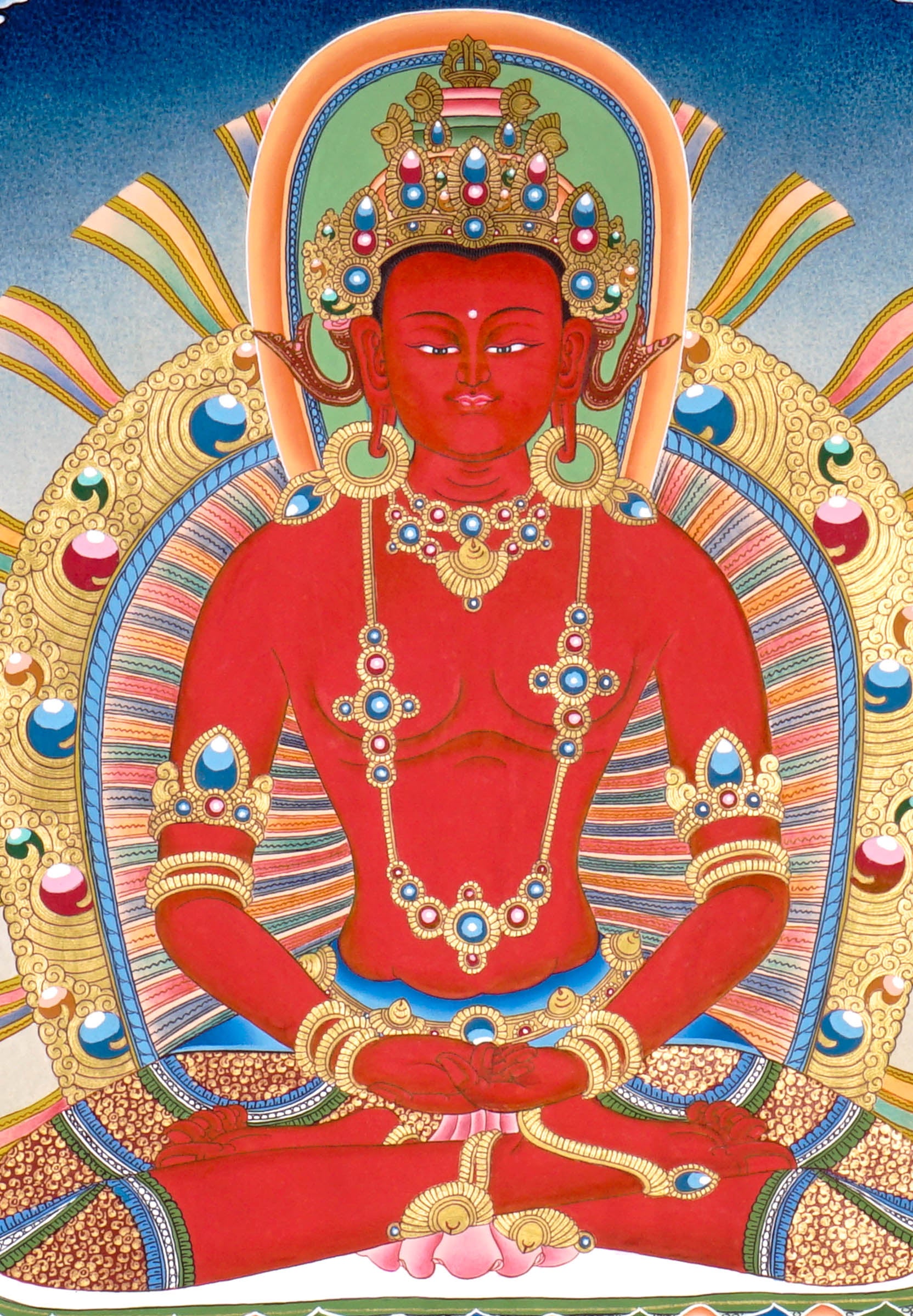 Five Dhyani Buddha Thangka Set featuring Vairocana, Akshobhya, Ratnasambhava, Amitabha and Amoghasiddhi seated on lotus thrones with radiant halos, jewel crowns, sacred ornaments and traditional Newari Buddhist details.