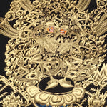 Skeleton Dance Thangka Painting showing two dancing skeletal Chitipati-style protector figures surrounded by swirling clouds, flame energy, skull imagery, lotus base and black-gold Tibetan Buddhist details.