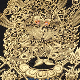 Skeleton Dance Thangka Painting showing two dancing skeletal Chitipati-style protector figures surrounded by swirling clouds, flame energy, skull imagery, lotus base and black-gold Tibetan Buddhist details.