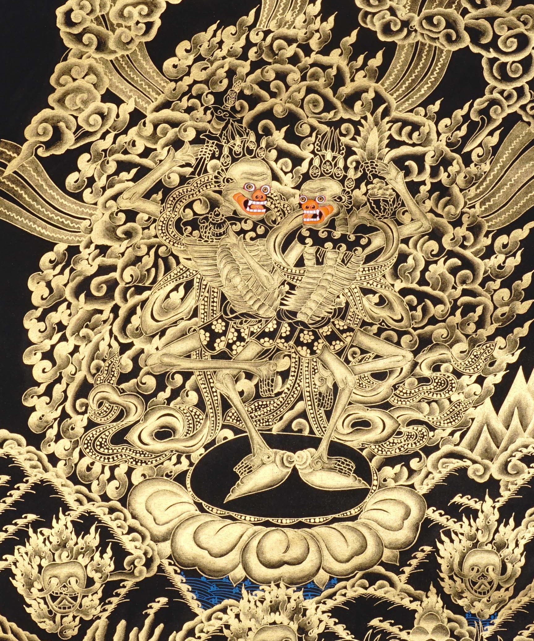 Skeleton Dance Thangka Painting showing two dancing skeletal Chitipati-style protector figures surrounded by swirling clouds, flame energy, skull imagery, lotus base and black-gold Tibetan Buddhist details.