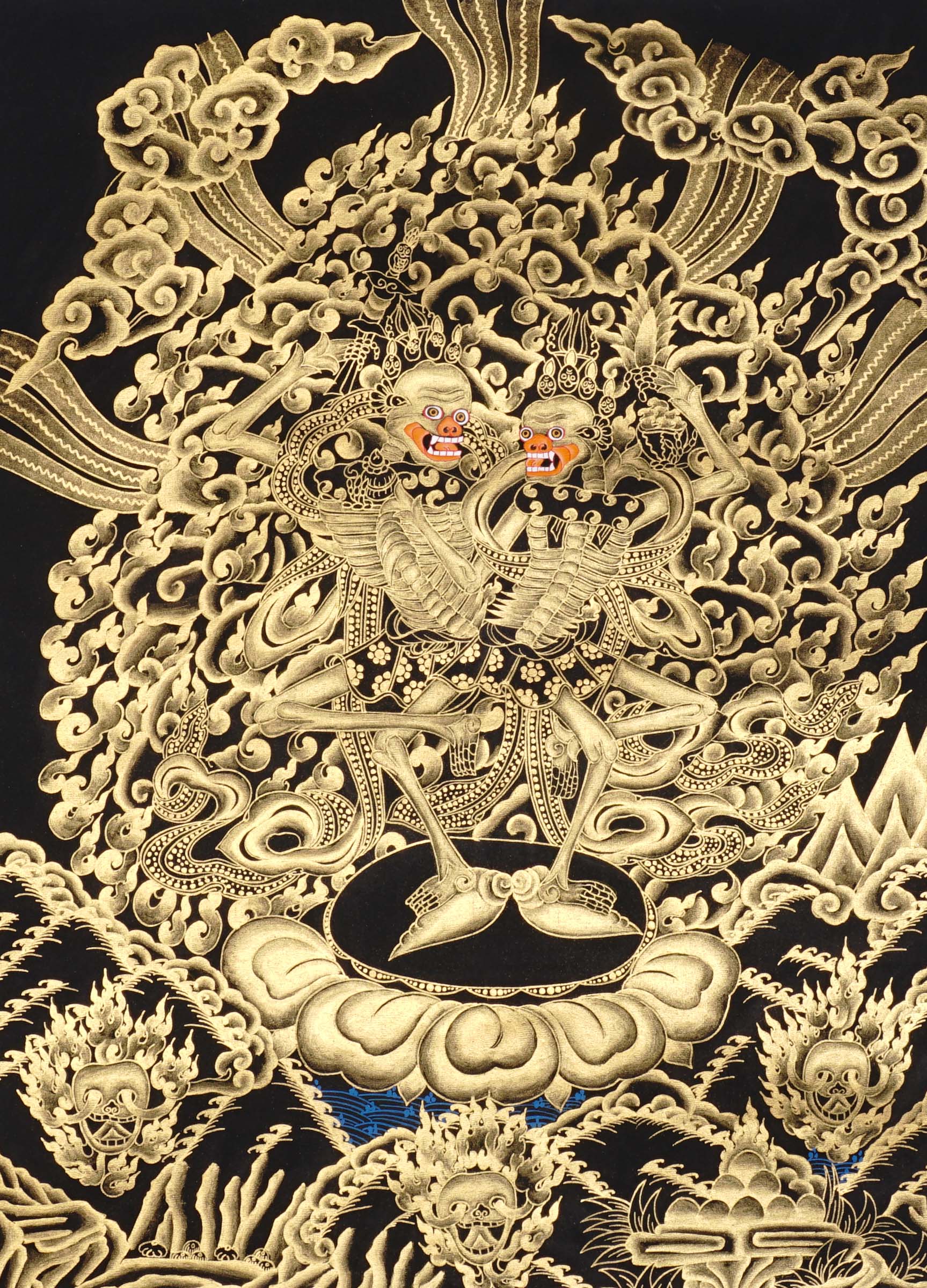 Skeleton Dance Thangka Painting showing two dancing skeletal Chitipati-style protector figures surrounded by swirling clouds, flame energy, skull imagery, lotus base and black-gold Tibetan Buddhist details.