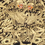 Skeleton Dance Thangka Painting showing two dancing skeletal Chitipati-style protector figures surrounded by swirling clouds, flame energy, skull imagery, lotus base and black-gold Tibetan Buddhist details.