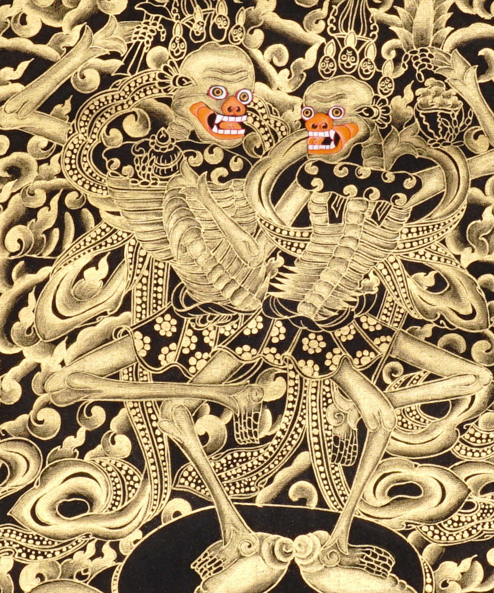 Skeleton Dance Thangka Painting showing two dancing skeletal Chitipati-style protector figures surrounded by swirling clouds, flame energy, skull imagery, lotus base and black-gold Tibetan Buddhist details.