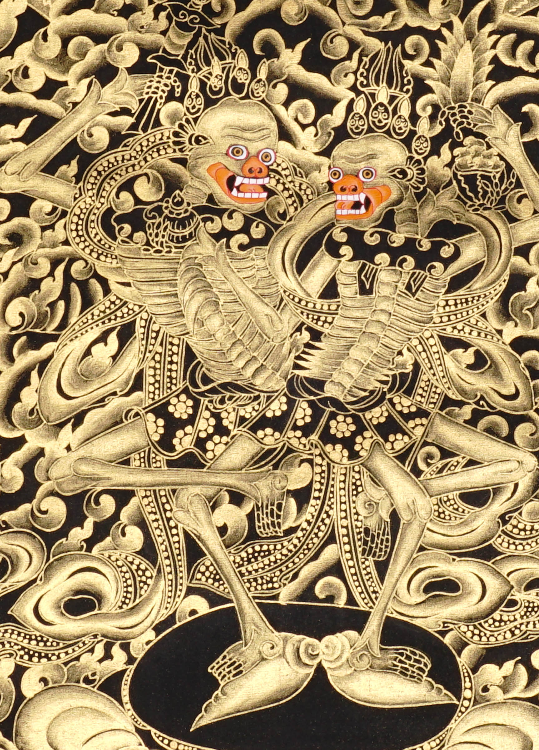 Skeleton Dance Thangka Painting showing two dancing skeletal Chitipati-style protector figures surrounded by swirling clouds, flame energy, skull imagery, lotus base and black-gold Tibetan Buddhist details.