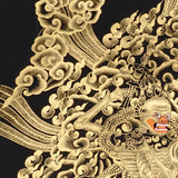 Skeleton Dance Thangka Painting showing two dancing skeletal Chitipati-style protector figures surrounded by swirling clouds, flame energy, skull imagery, lotus base and black-gold Tibetan Buddhist details.
