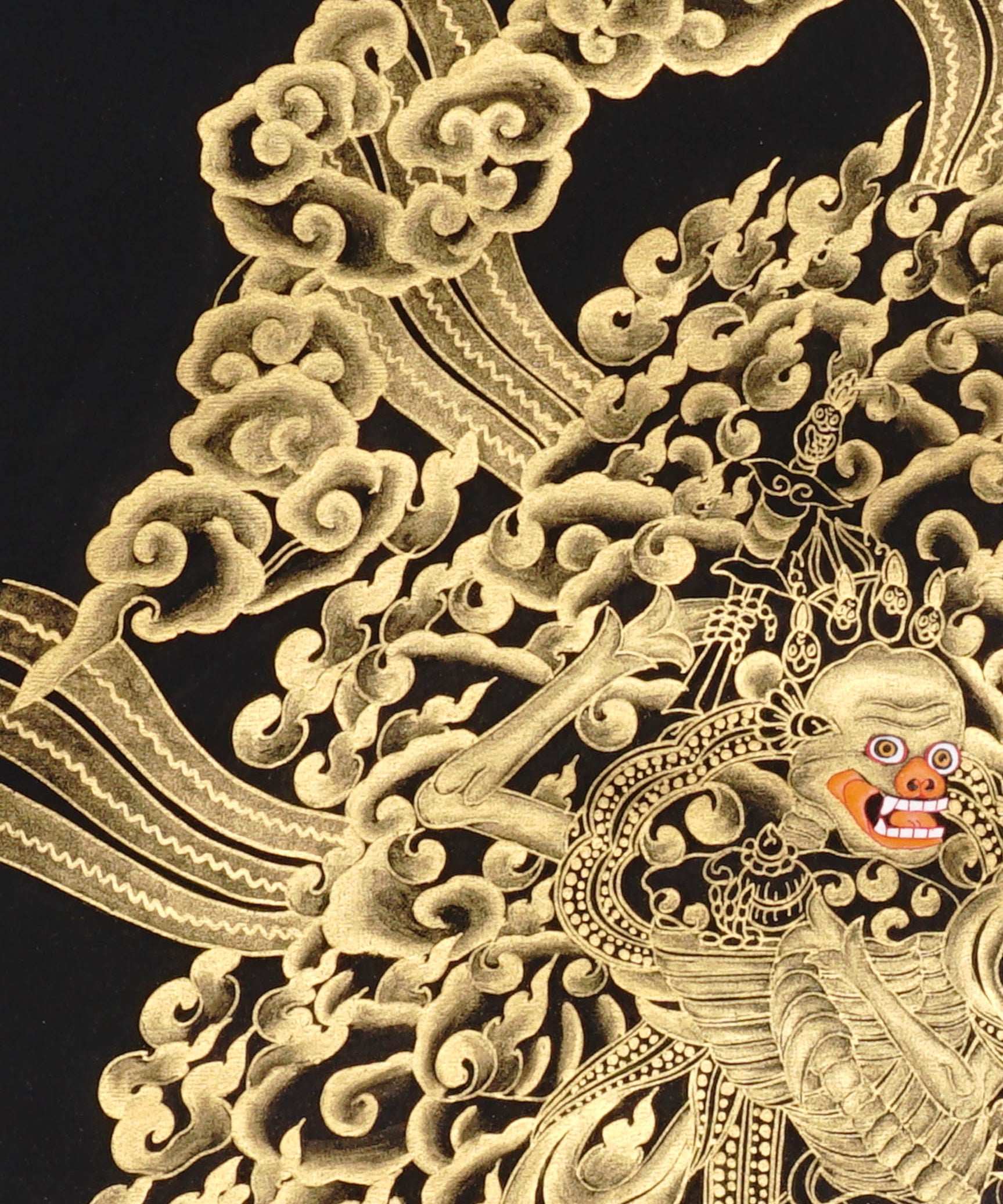 Skeleton Dance Thangka Painting showing two dancing skeletal Chitipati-style protector figures surrounded by swirling clouds, flame energy, skull imagery, lotus base and black-gold Tibetan Buddhist details.