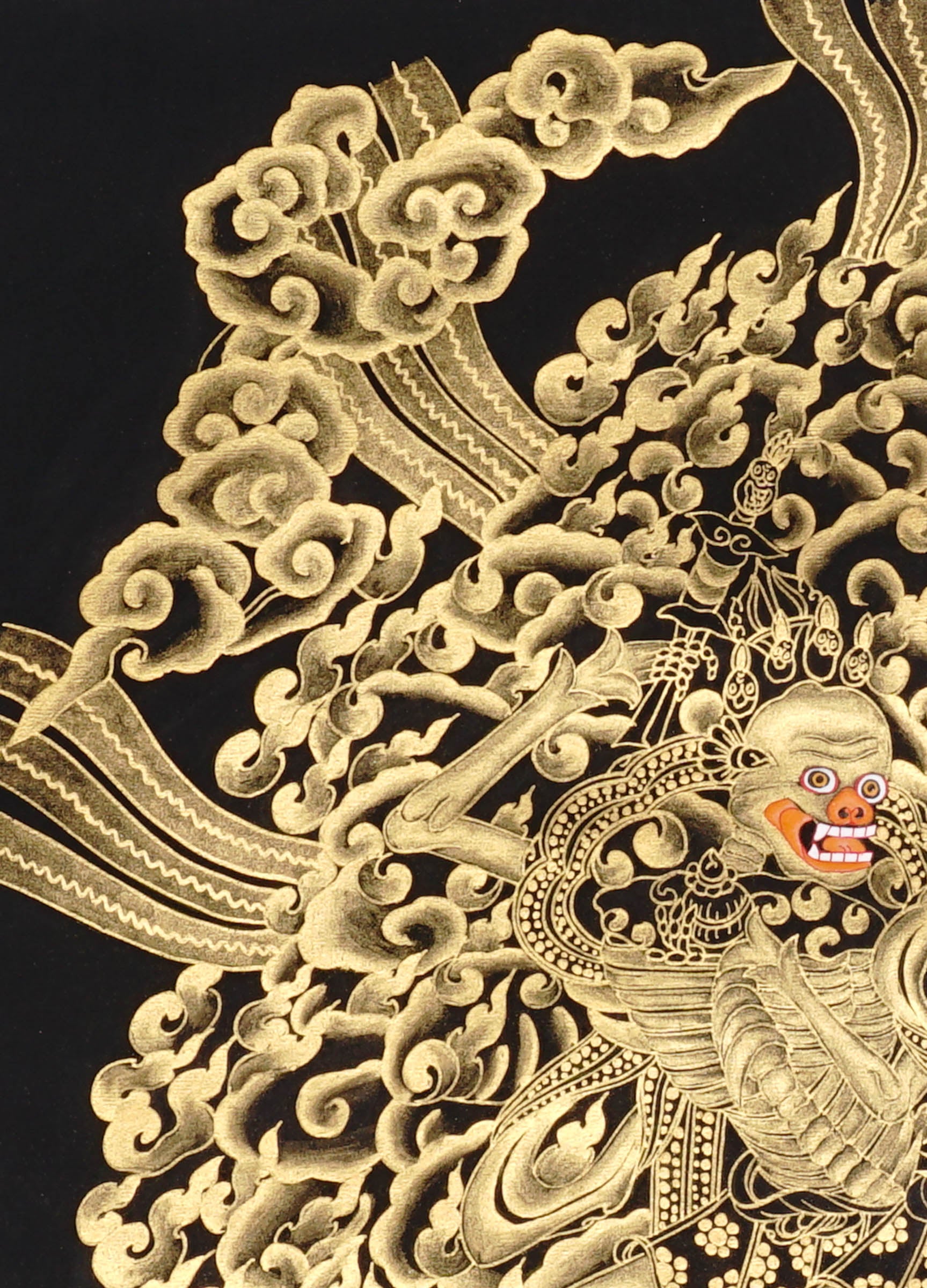 Skeleton Dance Thangka Painting showing two dancing skeletal Chitipati-style protector figures surrounded by swirling clouds, flame energy, skull imagery, lotus base and black-gold Tibetan Buddhist details.