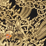 Skeleton Dance Thangka Painting showing two dancing skeletal Chitipati-style protector figures surrounded by swirling clouds, flame energy, skull imagery, lotus base and black-gold Tibetan Buddhist details.