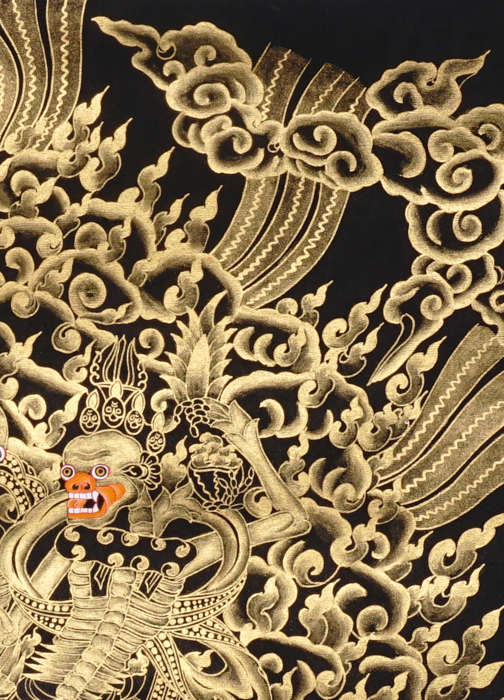 Skeleton Dance Thangka Painting showing two dancing skeletal Chitipati-style protector figures surrounded by swirling clouds, flame energy, skull imagery, lotus base and black-gold Tibetan Buddhist details.