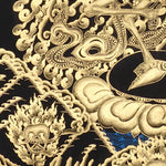 Skeleton Dance Thangka Painting showing two dancing skeletal Chitipati-style protector figures surrounded by swirling clouds, flame energy, skull imagery, lotus base and black-gold Tibetan Buddhist details.