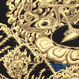 Skeleton Dance Thangka Painting showing two dancing skeletal Chitipati-style protector figures surrounded by swirling clouds, flame energy, skull imagery, lotus base and black-gold Tibetan Buddhist details.