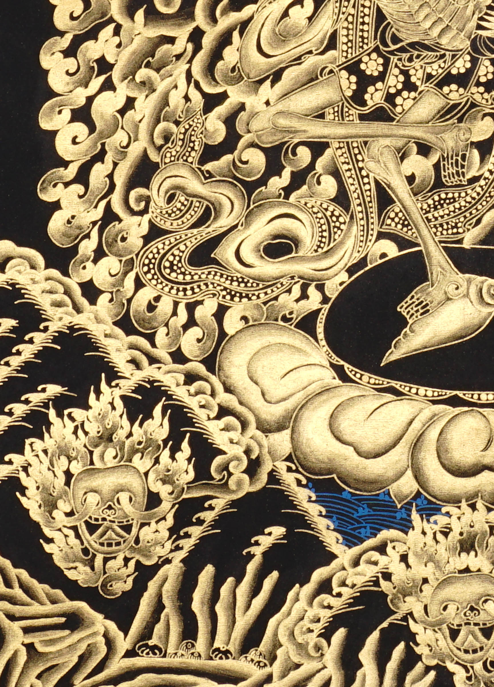 Skeleton Dance Thangka Painting showing two dancing skeletal Chitipati-style protector figures surrounded by swirling clouds, flame energy, skull imagery, lotus base and black-gold Tibetan Buddhist details.