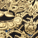 Skeleton Dance Thangka Painting showing two dancing skeletal Chitipati-style protector figures surrounded by swirling clouds, flame energy, skull imagery, lotus base and black-gold Tibetan Buddhist details.