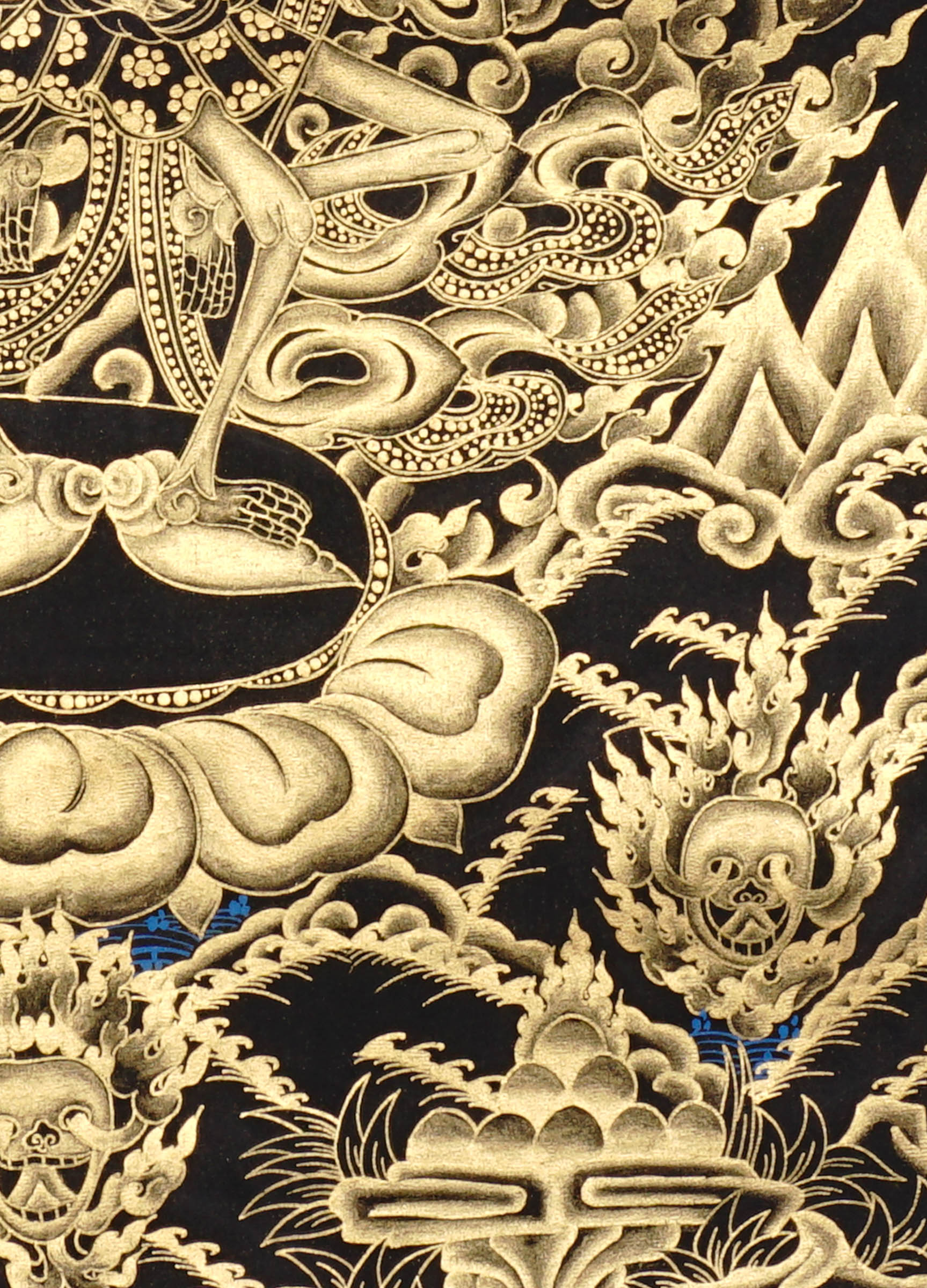 Skeleton Dance Thangka Painting showing two dancing skeletal Chitipati-style protector figures surrounded by swirling clouds, flame energy, skull imagery, lotus base and black-gold Tibetan Buddhist details.