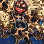 Vajra Guru Thangka Painting showing a wrathful Tibetan Buddhist protector deity riding a fierce blue mount, surrounded by flame aura, golden clouds, skull crown, sacred ornaments, lotus base and offering details.