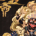 Vajra Guru Thangka Painting showing a wrathful Tibetan Buddhist protector deity riding a fierce blue mount, surrounded by flame aura, golden clouds, skull crown, sacred ornaments, lotus base and offering details.