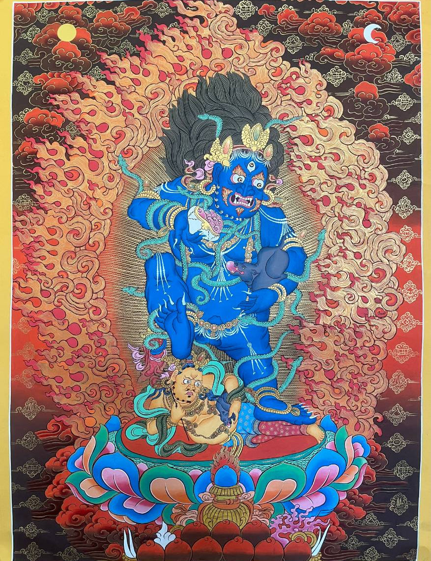 Zambala Thangka Painting - Tibetan Art Wrathful Zambala – Symbolizes wealth, protection, and overcoming financial obstacles.