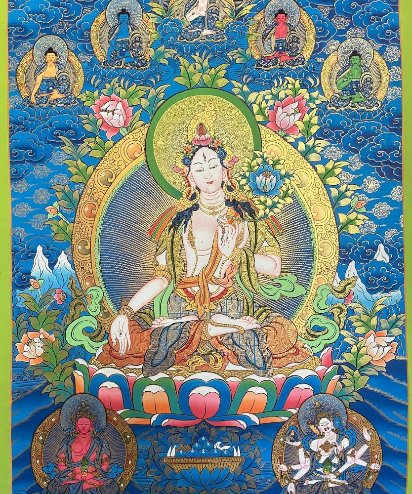 White Tara Thangka  with Blue Background- Hand painted  Art
