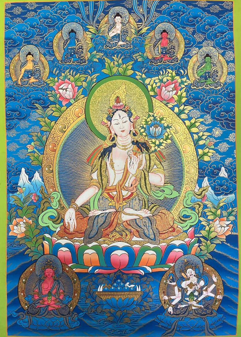 White Tara Thangka  with Blue Background- Hand painted  Art