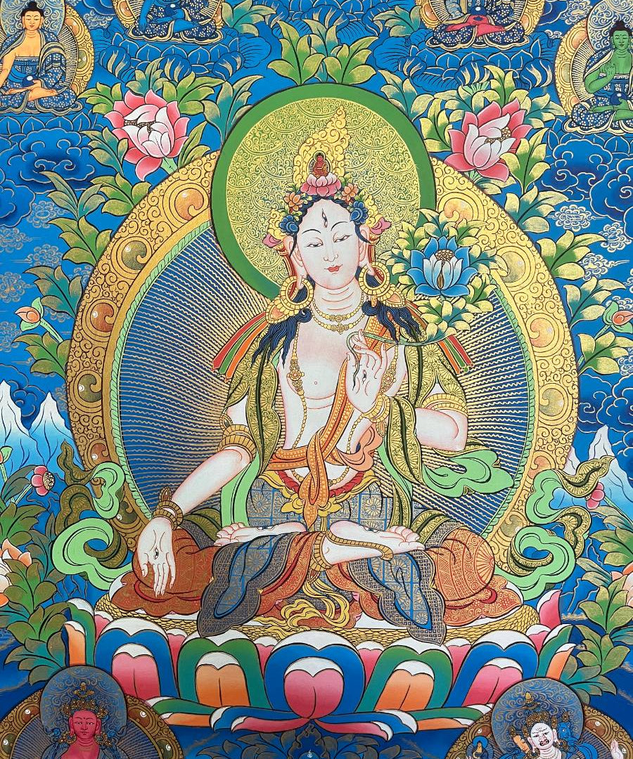 White Tara Thangka with Blue Background - Hand painted  Art