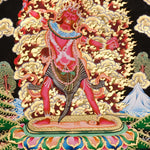 Ekajati Thangka Painting showing a wrathful red Tibetan Buddhist protector goddess with flame aura, sacred implements, skull ornaments, subdued figure, lotus base, offering details and Himalayan landscape background.