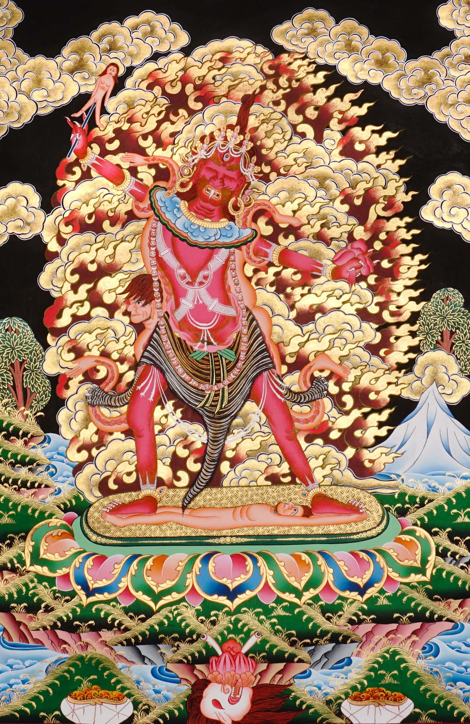 Ekajati Thangka Painting showing a wrathful red Tibetan Buddhist protector goddess with flame aura, sacred implements, skull ornaments, subdued figure, lotus base, offering details and Himalayan landscape background.