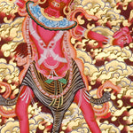 Ekajati Thangka Painting showing a wrathful red Tibetan Buddhist protector goddess with flame aura, sacred implements, skull ornaments, subdued figure, lotus base, offering details and Himalayan landscape background.