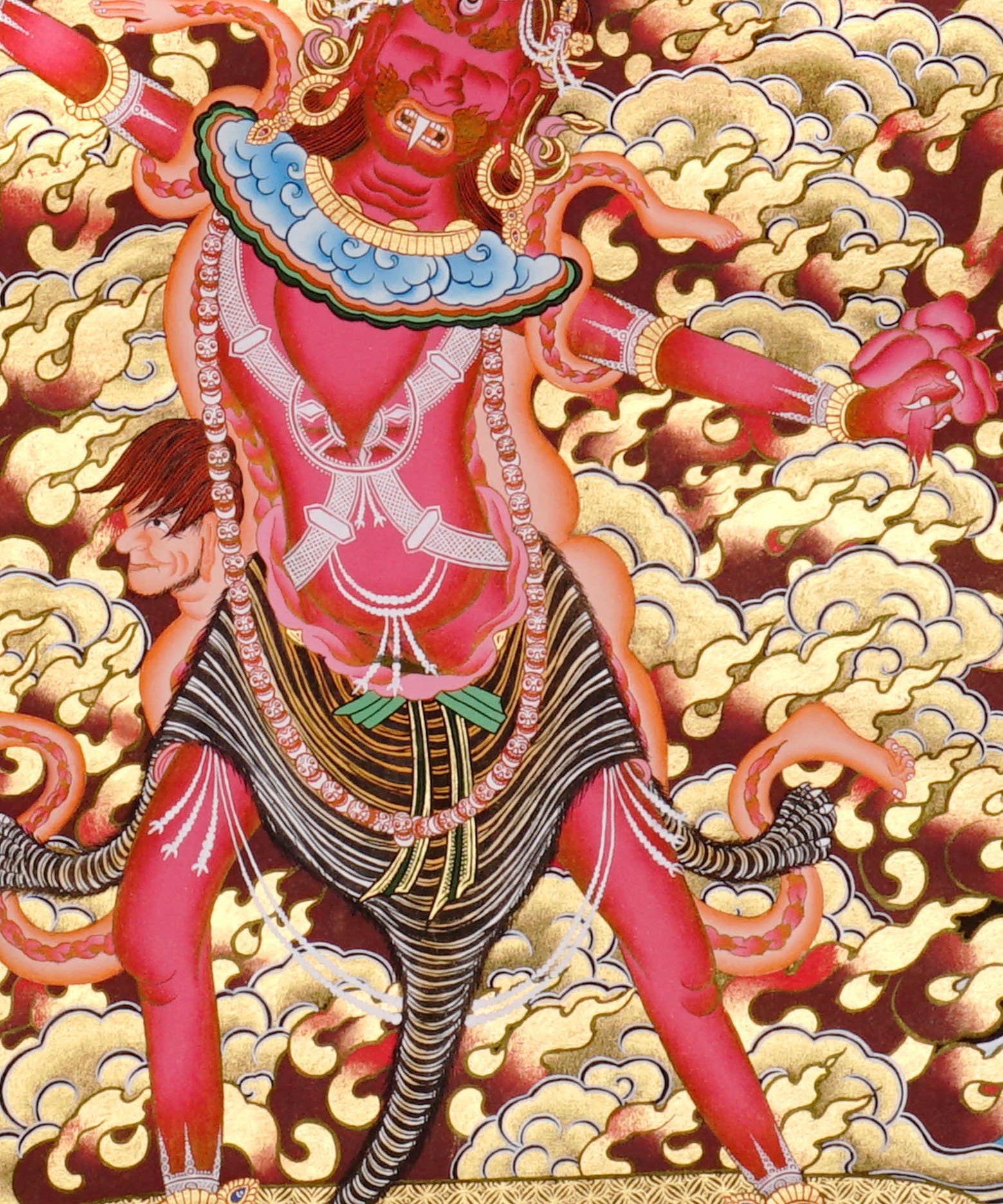 Ekajati Thangka Painting showing a wrathful red Tibetan Buddhist protector goddess with flame aura, sacred implements, skull ornaments, subdued figure, lotus base, offering details and Himalayan landscape background.