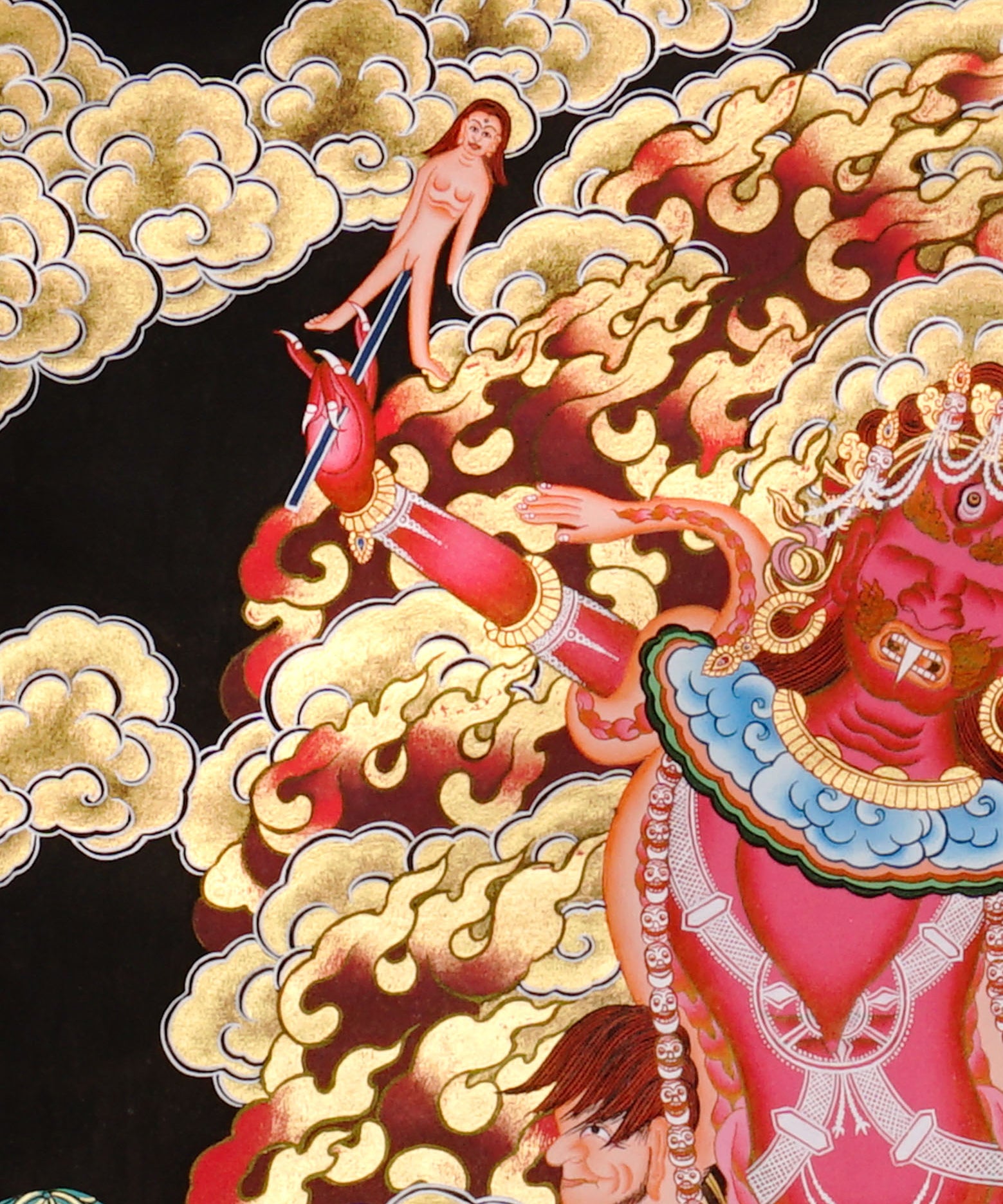 Ekajati Thangka Painting showing a wrathful red Tibetan Buddhist protector goddess with flame aura, sacred implements, skull ornaments, subdued figure, lotus base, offering details and Himalayan landscape background.