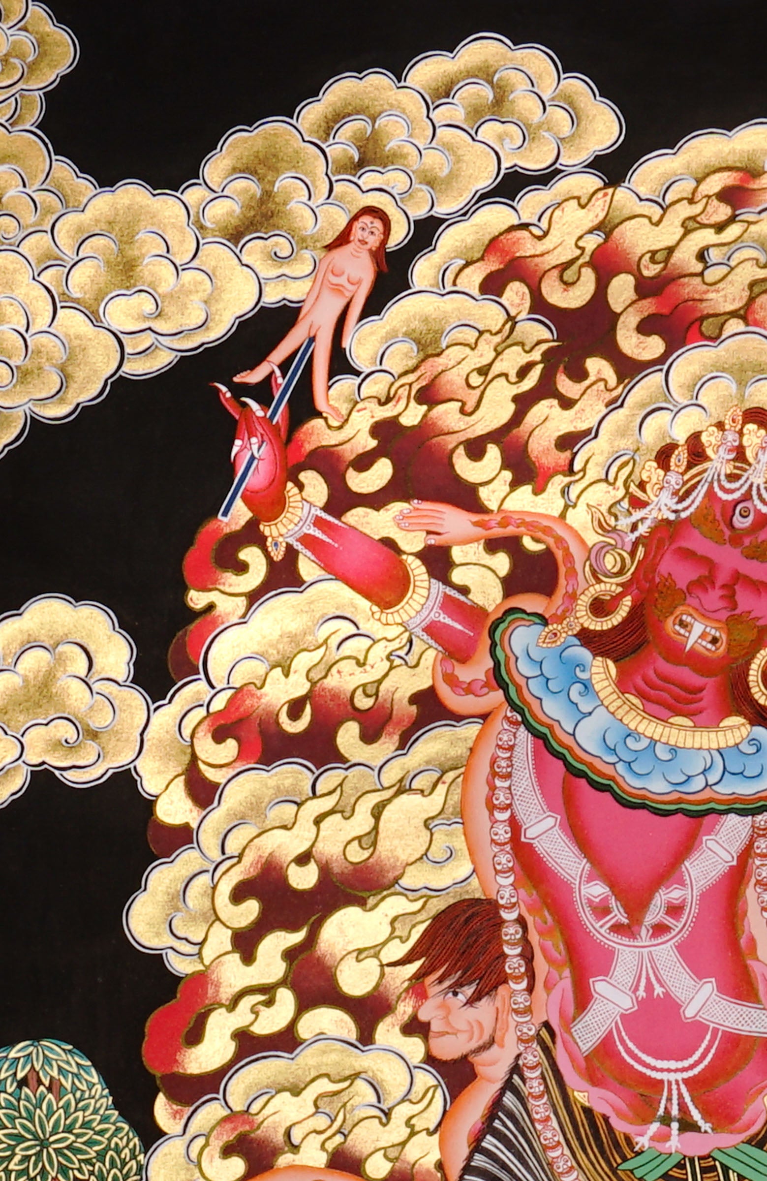 Ekajati Thangka Painting showing a wrathful red Tibetan Buddhist protector goddess with flame aura, sacred implements, skull ornaments, subdued figure, lotus base, offering details and Himalayan landscape background.