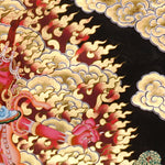 Ekajati Thangka Painting showing a wrathful red Tibetan Buddhist protector goddess with flame aura, sacred implements, skull ornaments, subdued figure, lotus base, offering details and Himalayan landscape background.