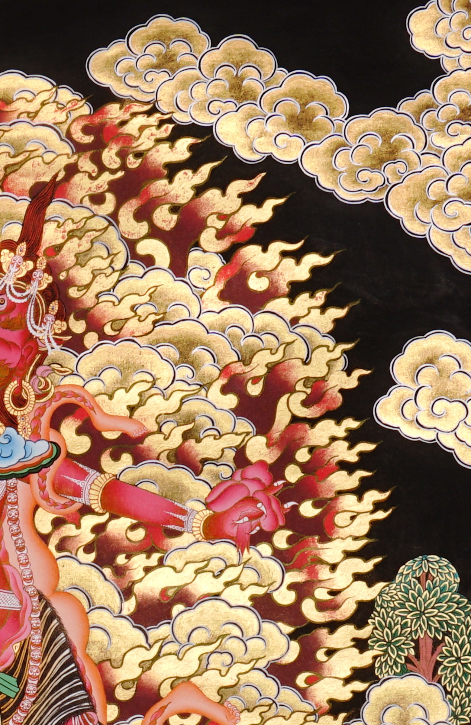 Ekajati Thangka Painting showing a wrathful red Tibetan Buddhist protector goddess with flame aura, sacred implements, skull ornaments, subdued figure, lotus base, offering details and Himalayan landscape background.