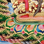 Ekajati Thangka Painting showing a wrathful red Tibetan Buddhist protector goddess with flame aura, sacred implements, skull ornaments, subdued figure, lotus base, offering details and Himalayan landscape background.