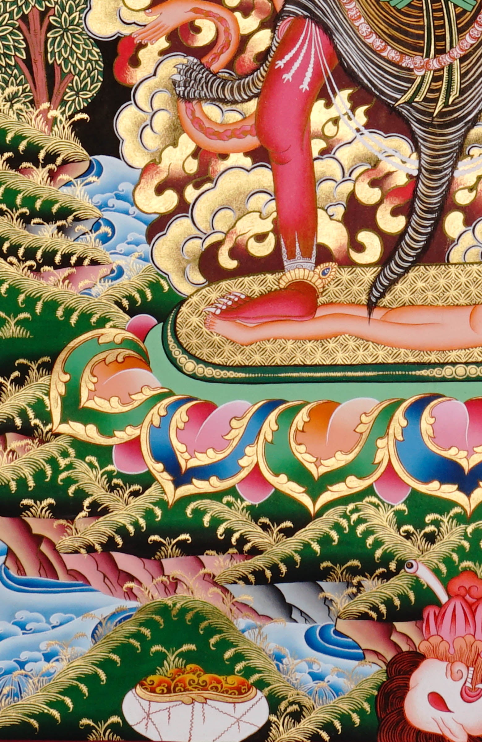 Ekajati Thangka Painting showing a wrathful red Tibetan Buddhist protector goddess with flame aura, sacred implements, skull ornaments, subdued figure, lotus base, offering details and Himalayan landscape background.