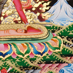 Ekajati Thangka Painting showing a wrathful red Tibetan Buddhist protector goddess with flame aura, sacred implements, skull ornaments, subdued figure, lotus base, offering details and Himalayan landscape background.
