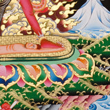 Ekajati Thangka Painting showing a wrathful red Tibetan Buddhist protector goddess with flame aura, sacred implements, skull ornaments, subdued figure, lotus base, offering details and Himalayan landscape background.