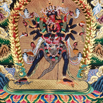 Chakrasambhara Thangka Painting showing in a wrathful form with multiple arms, flame aura, skull ornaments, sacred implements, lotus base and Himalayan landscape details.
