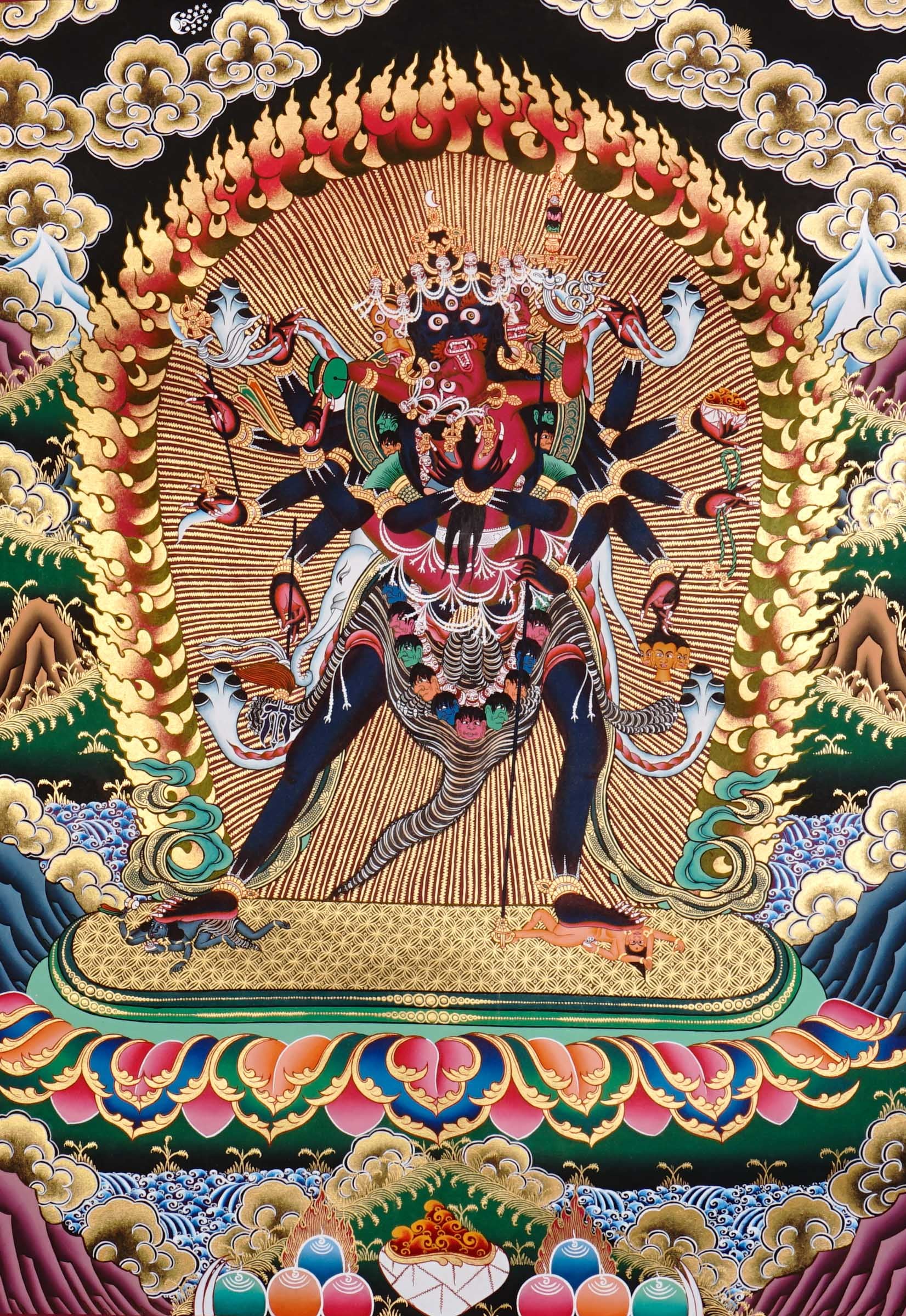 Chakrasambhara Thangka Painting showing in a wrathful form with multiple arms, flame aura, skull ornaments, sacred implements, lotus base and Himalayan landscape details.