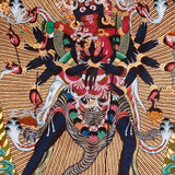 Chakrasambhara Thangka Painting showing in a wrathful form with multiple arms, flame aura, skull ornaments, sacred implements, lotus base and Himalayan landscape details.