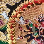 Chakrasambhara Thangka Painting showing in a wrathful form with multiple arms, flame aura, skull ornaments, sacred implements, lotus base and Himalayan landscape details.