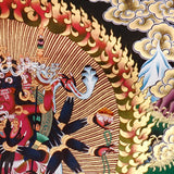 Chakrasambhara Thangka Painting showing in a wrathful form with multiple arms, flame aura, skull ornaments, sacred implements, lotus base and Himalayan landscape details.