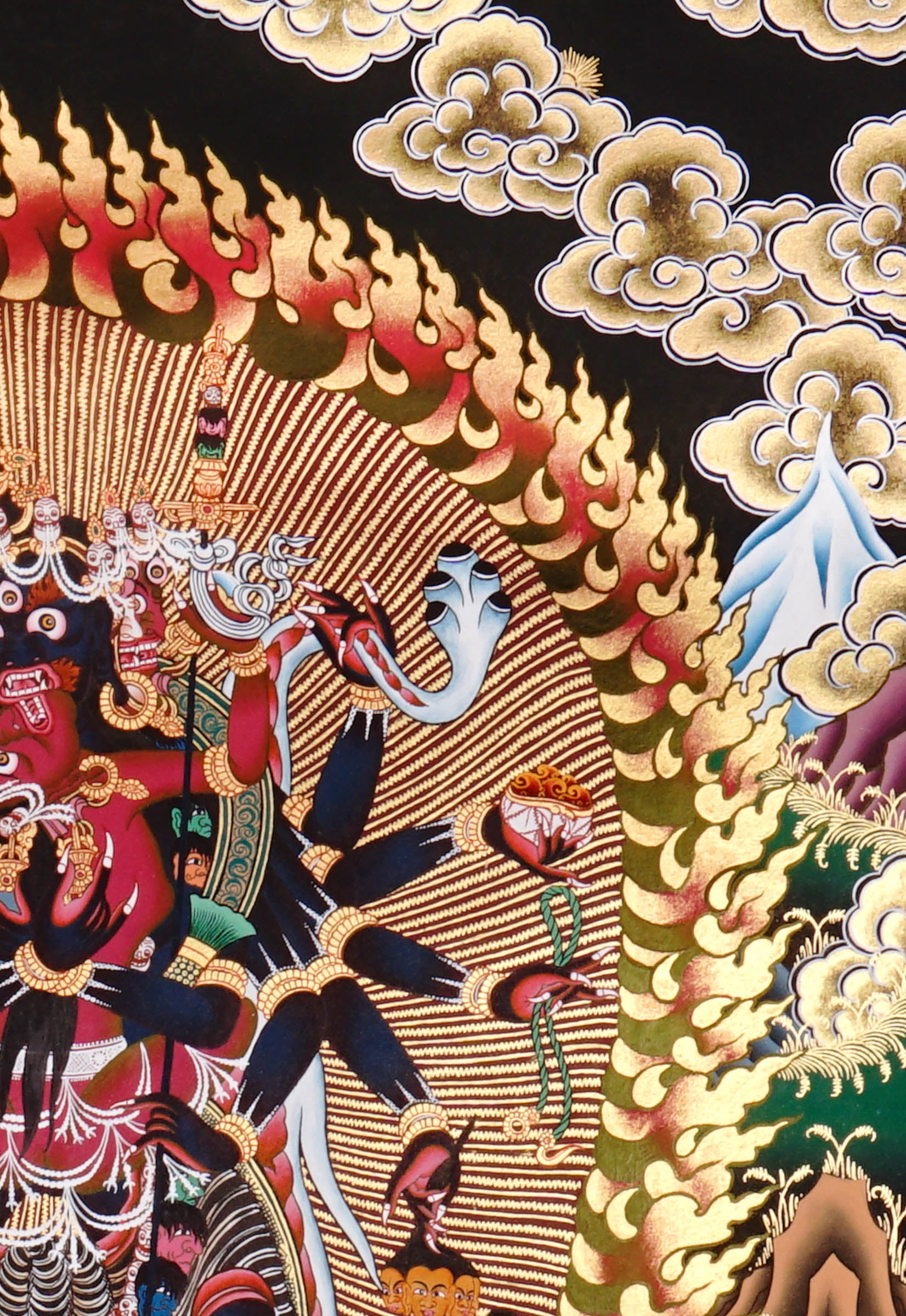 Chakrasambhara Thangka Painting showing in a wrathful form with multiple arms, flame aura, skull ornaments, sacred implements, lotus base and Himalayan landscape details.