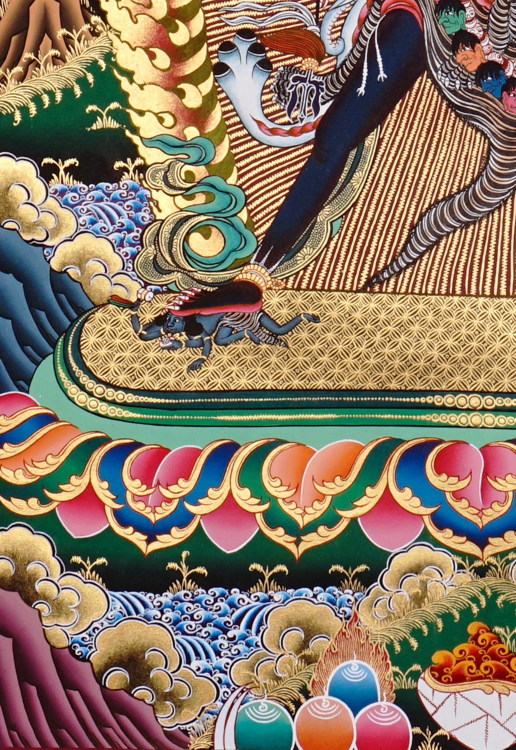 Chakrasambhara Thangka Painting showing in a wrathful form with multiple arms, flame aura, skull ornaments, sacred implements, lotus base and Himalayan landscape details.